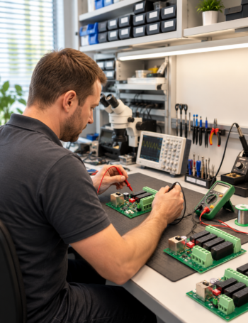 Elektroniklabor mit Platinenprüfung und Messgeräten