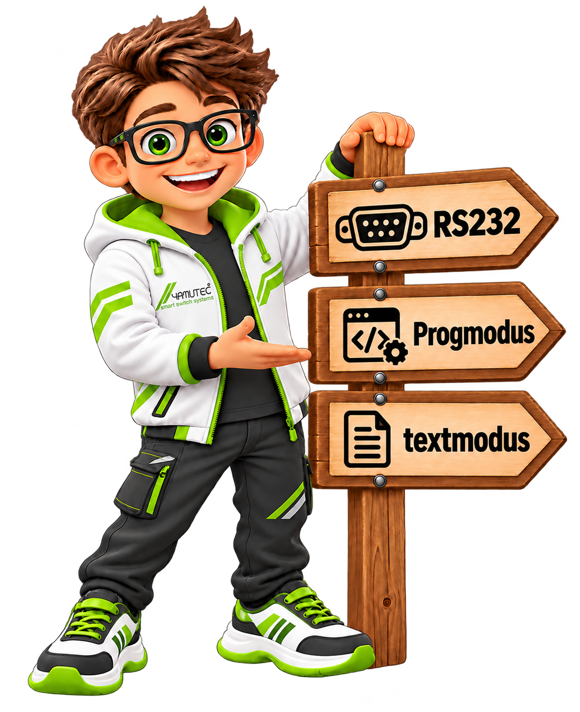 Fröhlicher Mascot mit RS232-Schild Wegweiser