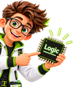 Technik-Maskottchen präsentiert Logic-Chip